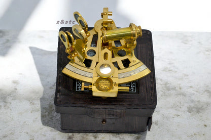 Antique Style 4” Brass Nautical German Sextant with Leather Box  Vintage Replic