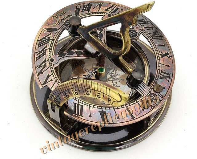Vintage Brass sundial compass 3" with leather box directional collectible gift