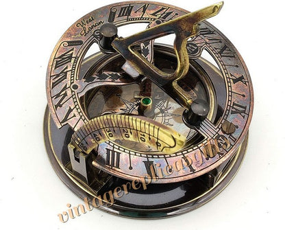 Vintage Brass sundial compass 3" with leather box directional collectible gift
