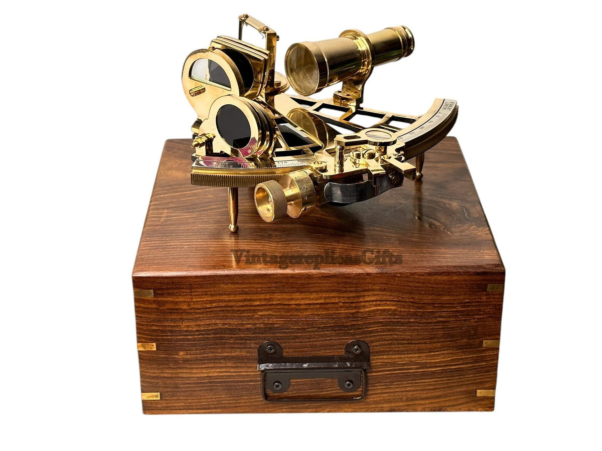 Antique Replica 9" Brass Sextant  Nautical Decor & Navigation Tool W/ wooden Box