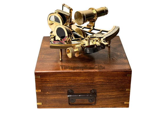 Antique Replica 9" Brass Sextant  Nautical Decor & Navigation Tool W/ wooden Box
