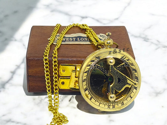 Vintage Brass Push Button Sundial Compass With Wooden Box