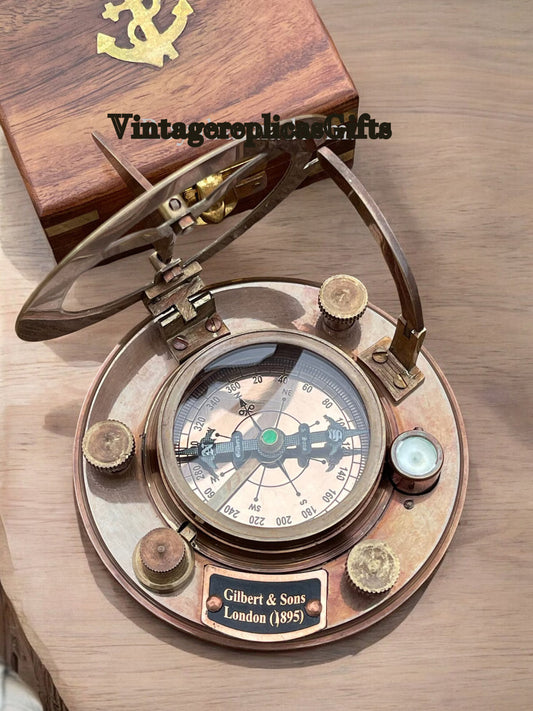 Nautical Sundial Compass with Wooden Box Vintage Collectible Gift