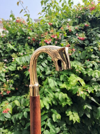 Wolf Head Brass Handle Walking Stick 37" Wooden Cane Handmade Antique Vin