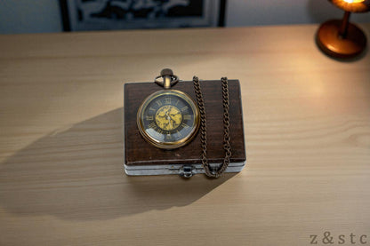 Classic Brass Pocket Watch with Black Wood Box – Retro Gifting Idea