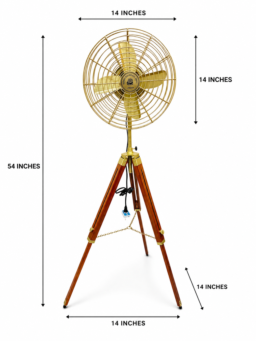 Vintage Brass Tripod Floor Fan 54” | Industrial Wooden Stand Retro Electric Fan
