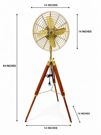 Vintage Brass Tripod Floor Fan 54” | Industrial Wooden Stand Retro Electric Fan