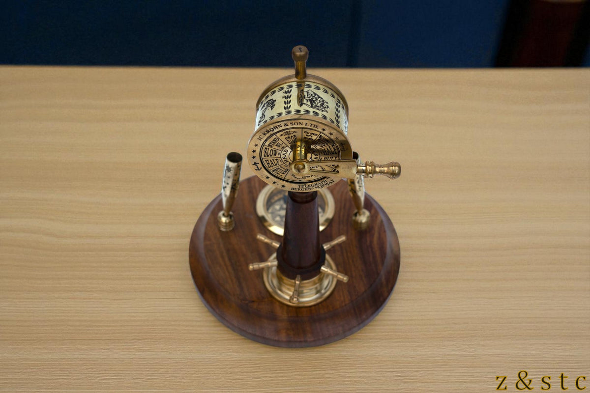 Wooden Brass Pen Holder with Built in Watch, Compass & Telegraph Decorative item