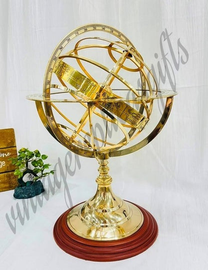 Vintage Brass Armillary Sphere Globe Wooden Base Antique Golden Finish Zodiac De