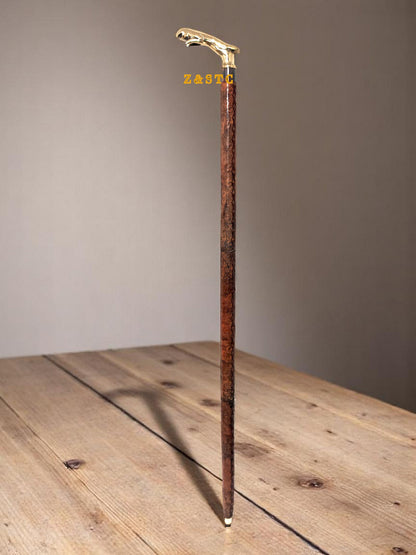 Handcrafted Wooden Walking Stick – Brass Lion Head Handle, Vintage Cane for Men,