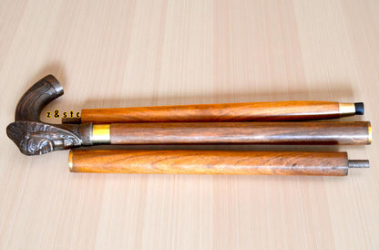 Brass mummy Head Walking Stick 3 Fold Wooden Cane with Accessories Gift