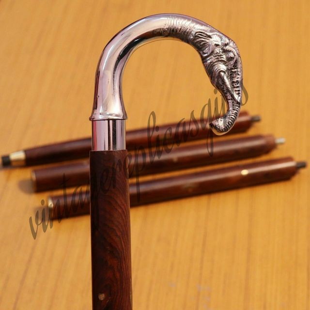 Vintage Brass Elephant Head Walking Stick Cane 37” Wooden Shaft Chrome Handle Gi