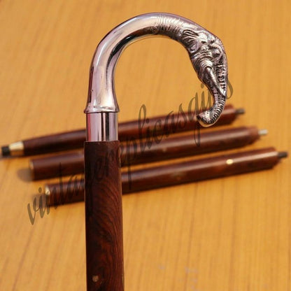 Vintage Brass Elephant Head Walking Stick Cane 37” Wooden Shaft Chrome Handle Gi