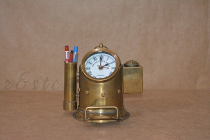 Vintage Shiny Brass Nautical Ship Clock with Built-in Pencil Sharpener Maritime