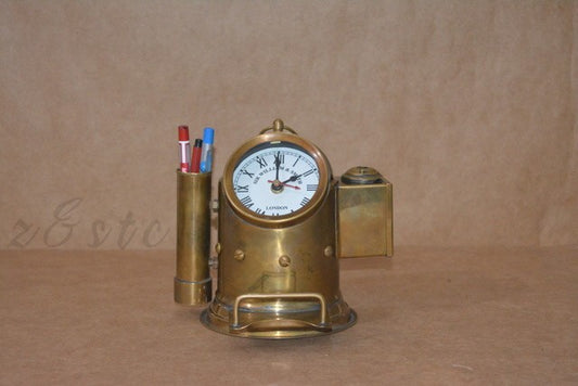 Vintage Shiny Brass Nautical Ship Clock with Built-in Pencil Sharpener Maritime