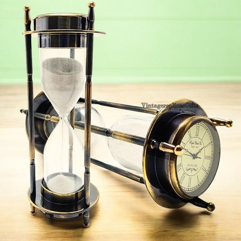 Antique Style Brass Hourglass Sand Timer with Elegant Clock & compass Home Decor