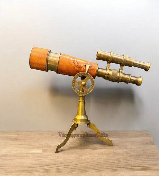 Brass & Leather Spyglass Double Barrel Telescope Tripod Home Office Decor Gift