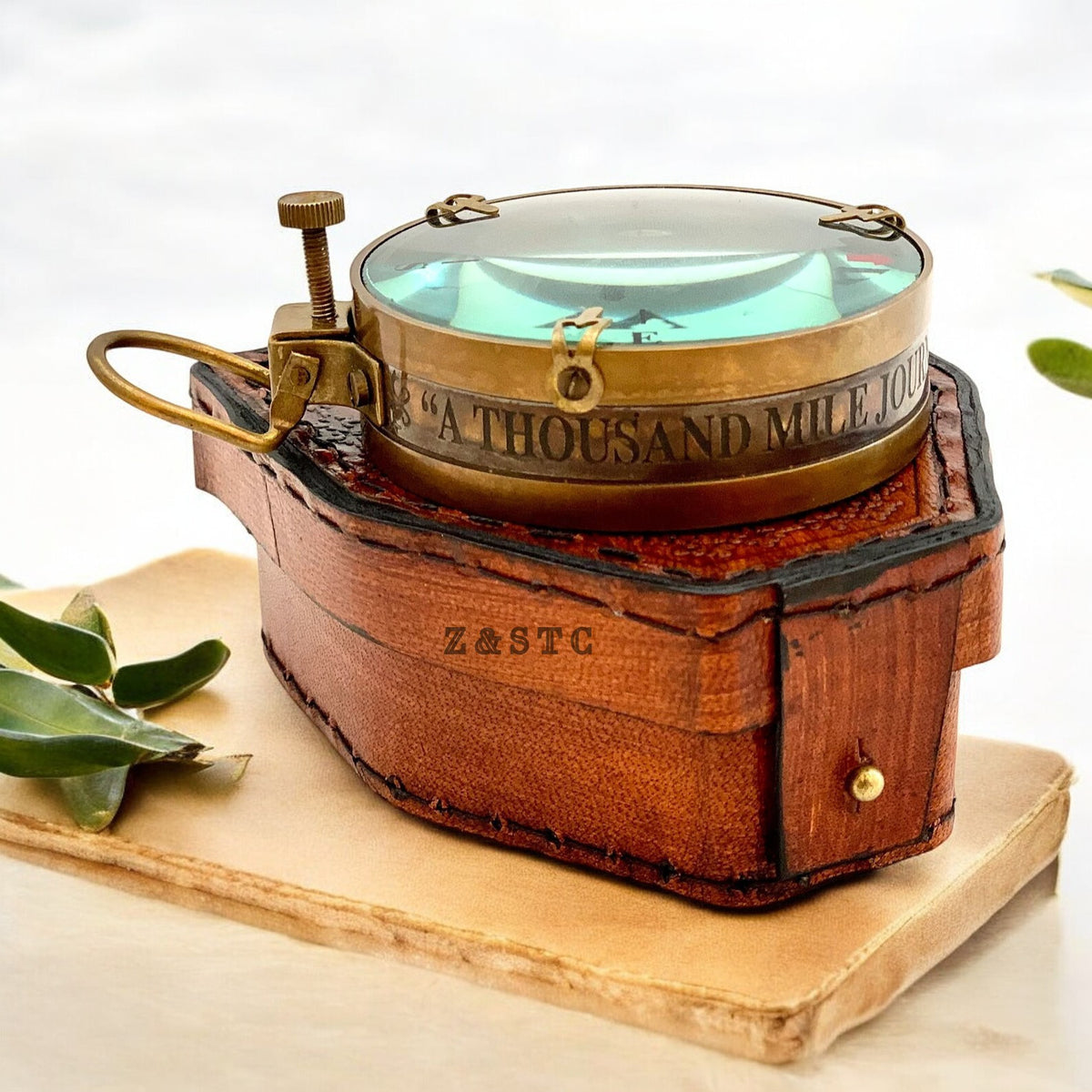 Vintage Brass Map Reader Spancer compass 3" with leather box directional gift