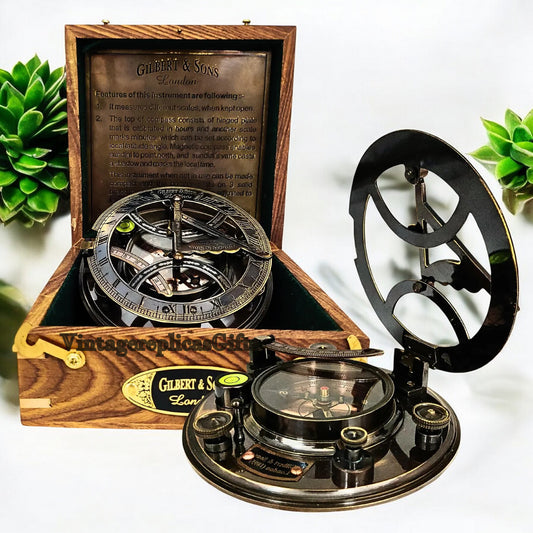 Gilbert & Sons 5" Brass Sundial Compass with Wooden Box - Antique Nautical Gift