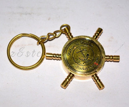 Decorative Brass Nautical Compass Key Chain – Ship Wheel Design Key Ring