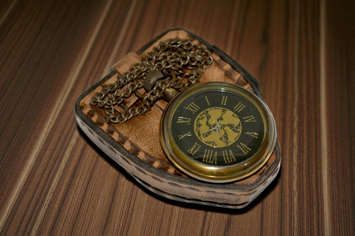 Vintage Brass Pocket Watch with Leather Case – Classic Collectible Timepiece