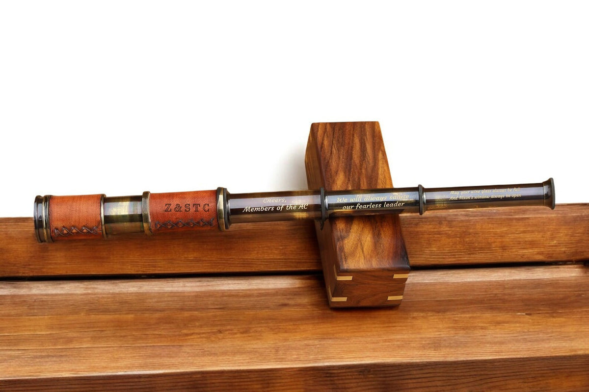 Vintage Brass And Leather 16" Telescope Spyglass Scope Maritime With Wooden Box