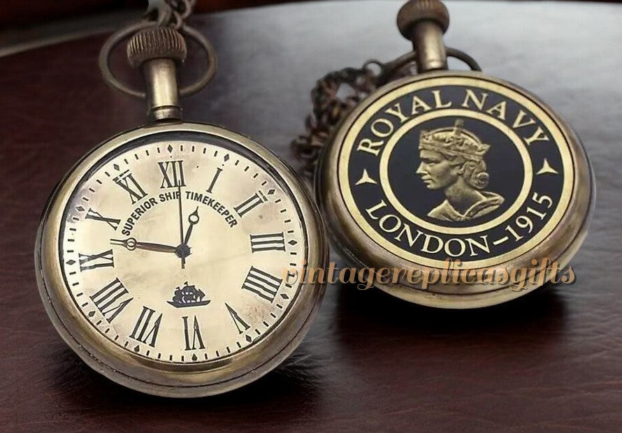 Classic Brass Pocket Watch & Chain with Elegant Wooden Box - Perfect Gift Set