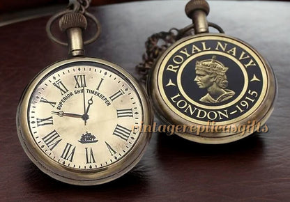 Classic Brass Pocket Watch & Chain with Elegant Wooden Box - Perfect Gift Set