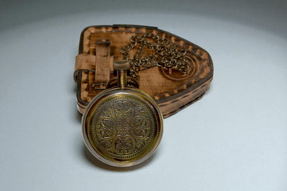 Vintage Brass Pocket Watch with Leather Case – Classic Collectible Timepiece