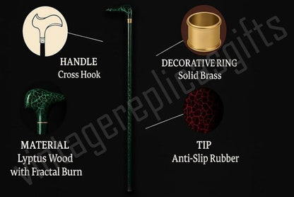 Handmade Fractal Burn Wooden Cane Green Electric Finish – Derby Handle