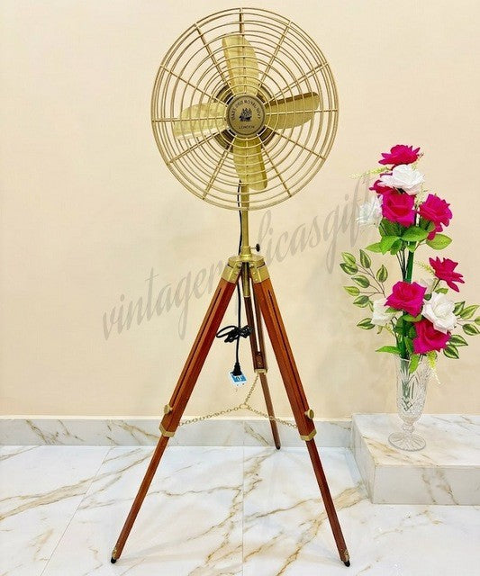 Vintage Brass Tripod Floor Fan 54” | Industrial Wooden Stand Retro Electric Fan