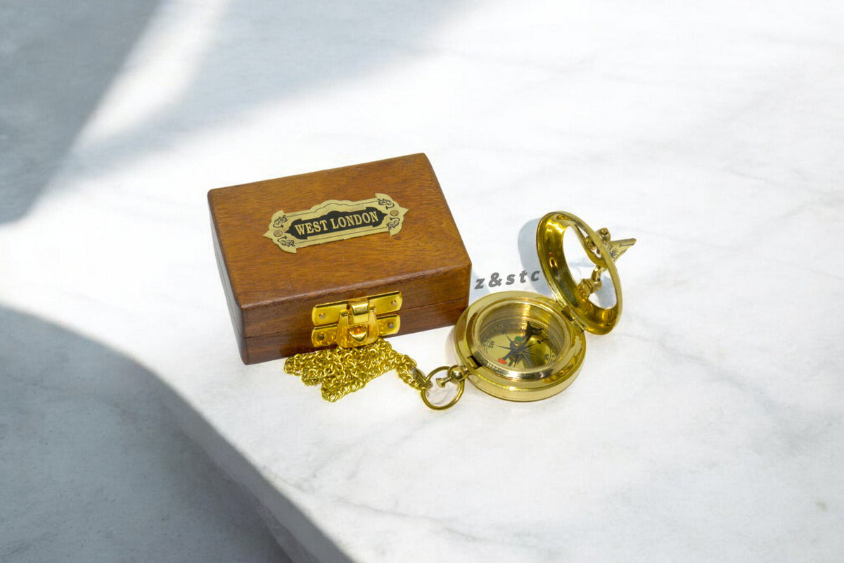 Vintage Brass Push Button Sundial Compass With Wooden Box