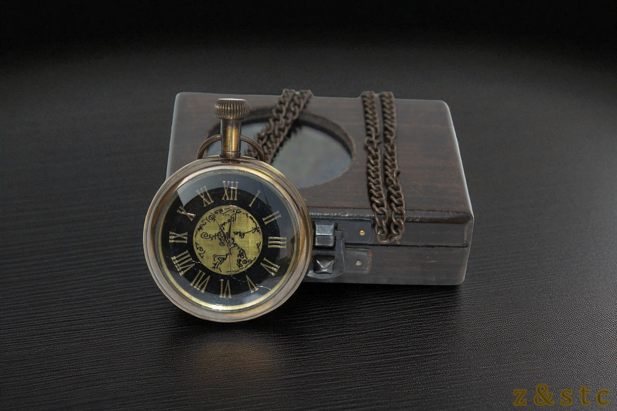 Classic Brass Pocket Watch with Black Wood Box – Retro Gifting Idea