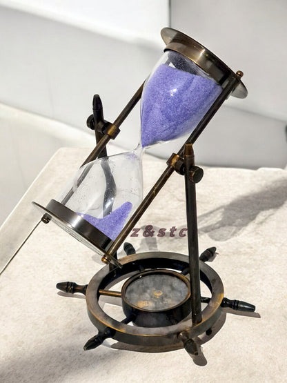 Brass 5-Minute Hourglass Timer with Compass Base – Nautical Sand Clock Decor