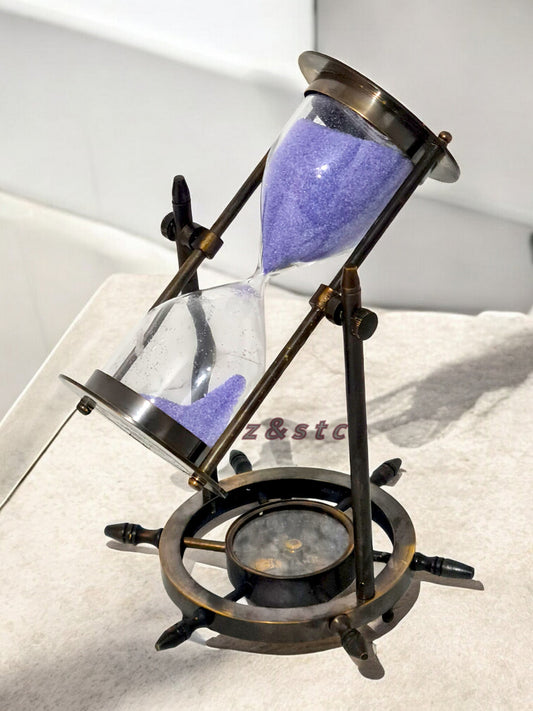 Brass 5-Minute Hourglass Timer with Compass Base – Nautical Sand Clock Decor