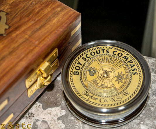 Antique Vintage Brass Boy Scout Compass with Wooden Box – Hiking & Camping Gear