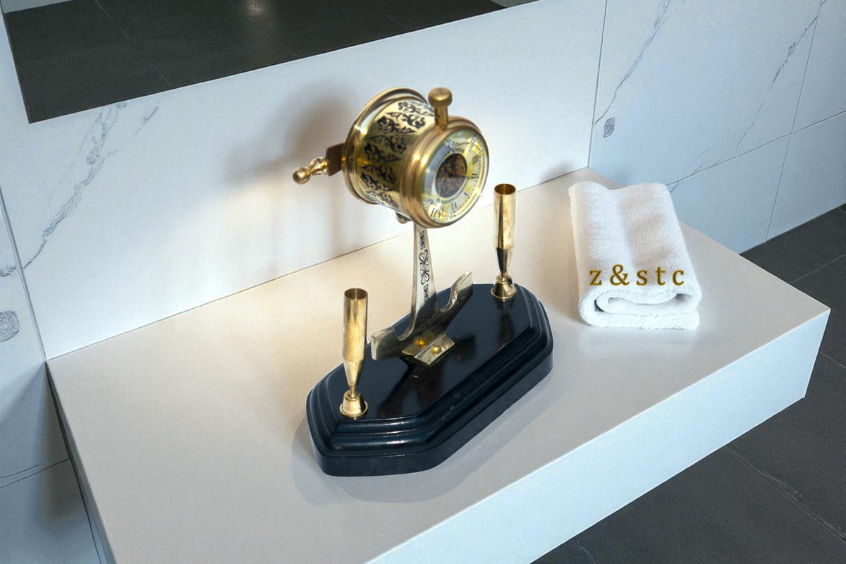 Brass Telegraph Figurine Pen Stand Vintage Watch Design Handmade Desk Organizer