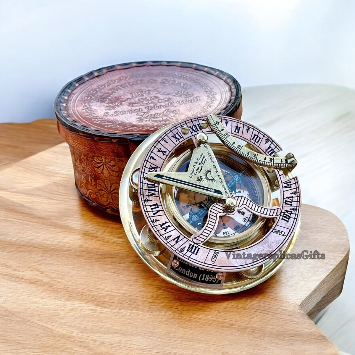 Vintage Brass Sundial Compass 4" with Leather Box - Nautical Collectible Gift