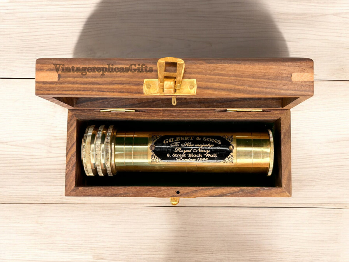 Antique Vintage Classic Brass Kaleidoscope W/ Wooden Box Kids Creative Toy Gift