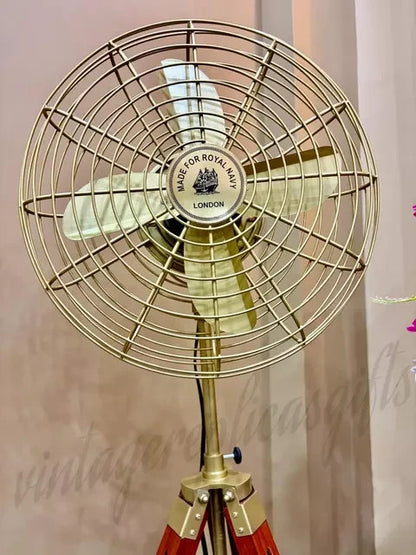 Vintage Brass Tripod Floor Fan 54” | Industrial Wooden Stand Retro Electric Fan