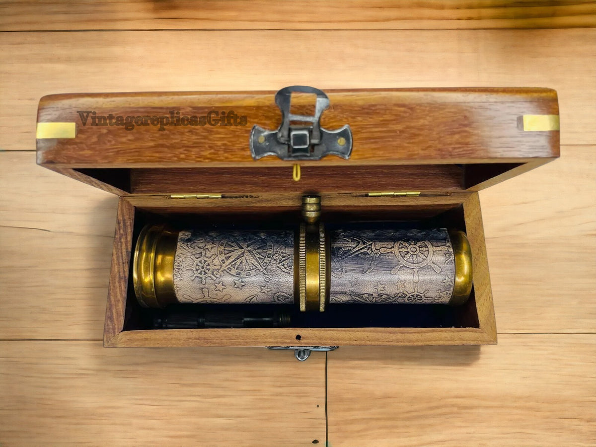 vintage style brass & leather Kaleidoscope w/ Wooden Box Custom Wedding Gift,