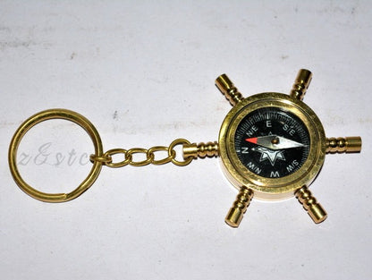 Decorative Brass Nautical Compass Key Chain – Ship Wheel Design Key Ring