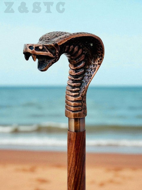 Antique Brass Cobra Head Handle Walking Stick – Spiral Wooden Cane