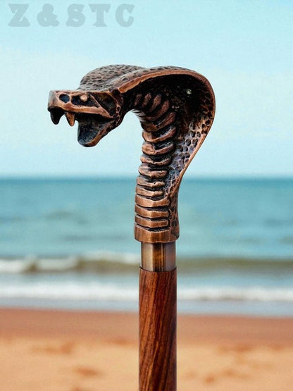 Antique Brass Cobra Head Handle Walking Stick – Spiral Wooden Cane