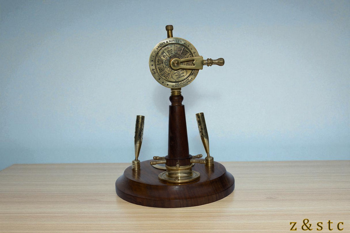 Wooden Brass Pen Holder with Built in Watch, Compass & Telegraph Decorative item