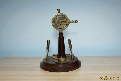Wooden Brass Pen Holder with Built in Watch, Compass & Telegraph Decorative item