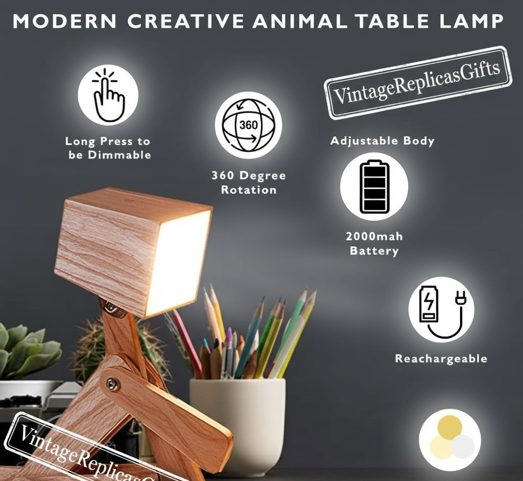 Wooden Dog LED Desk Lamp – Adjustable Rechargeable Table Lamp for Kids Rooms