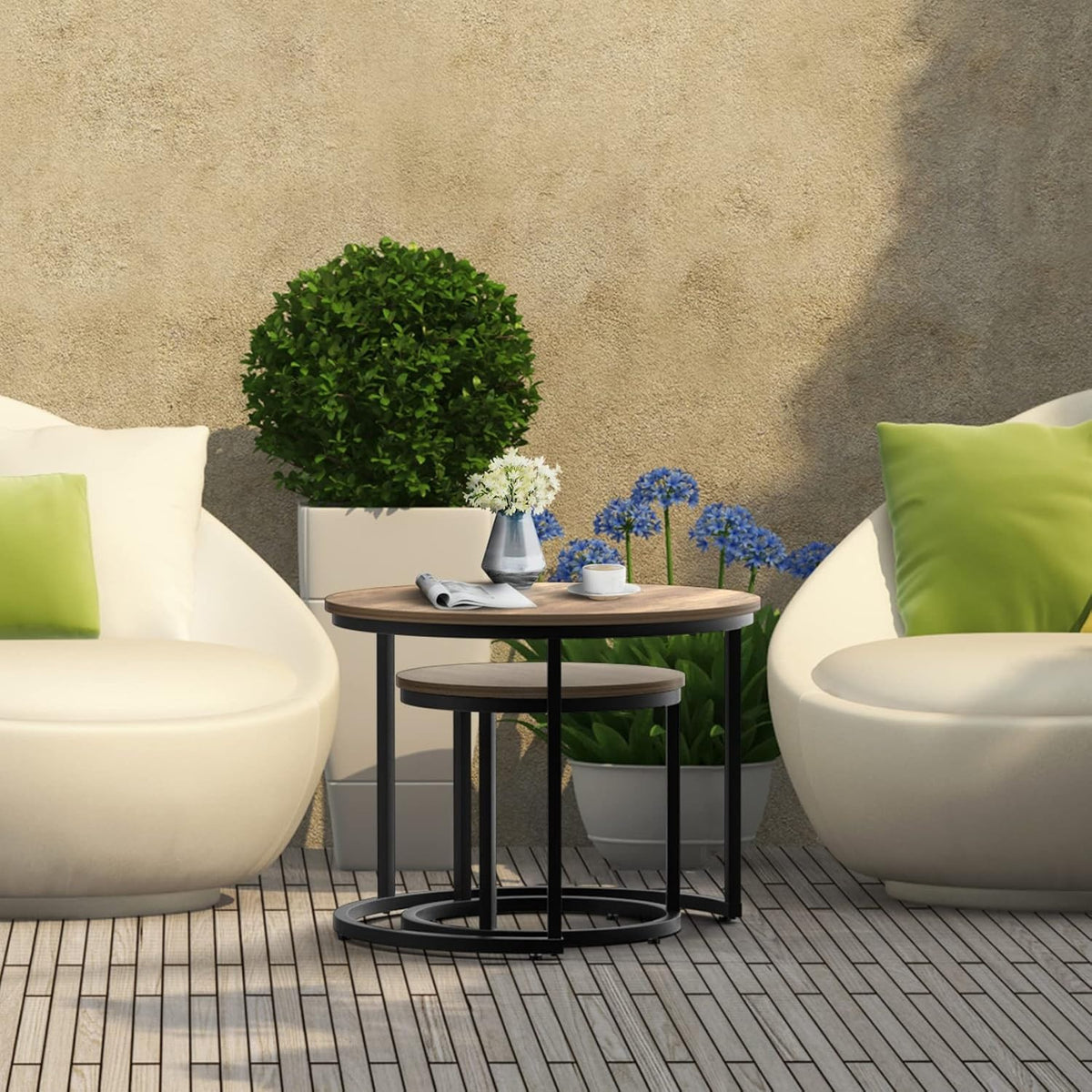Space-Saving Round Nesting Coffee Table Set – 2 Wooden Industrial End Tables.