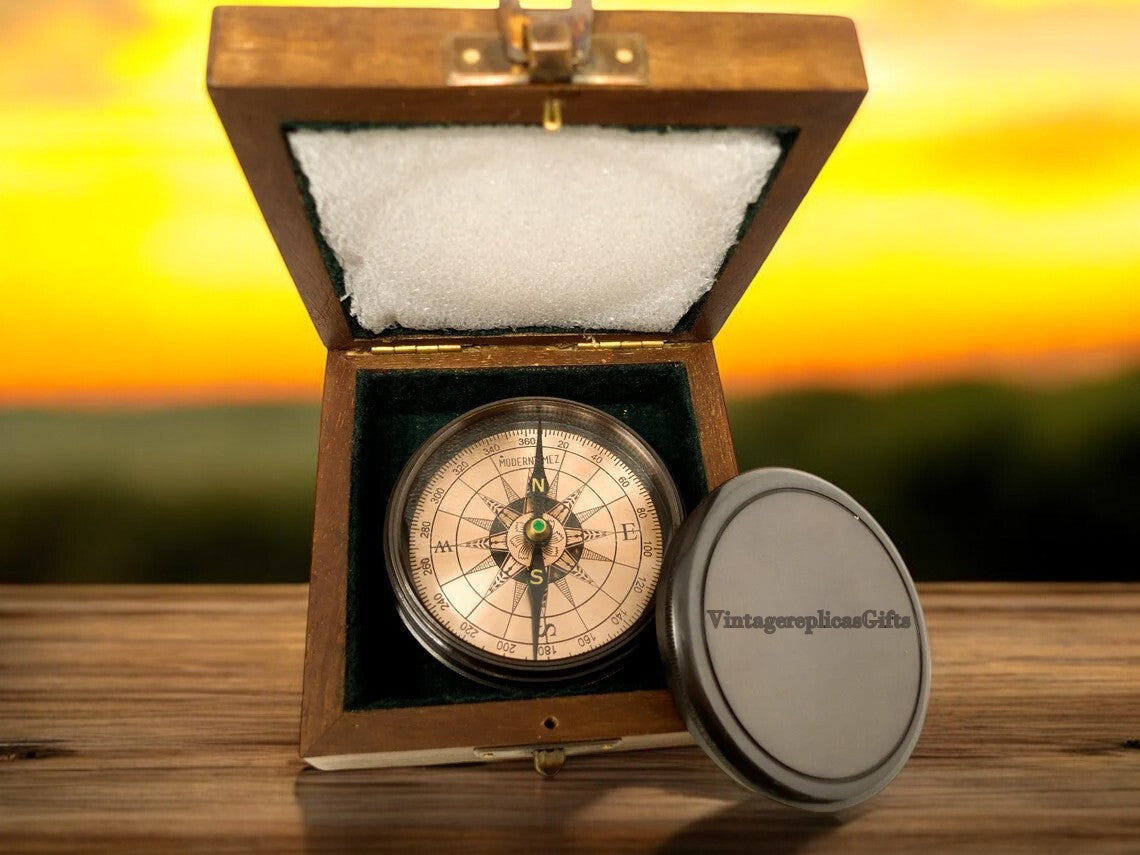 Personalized Vintage Brass 3" Compass with Wooden Box – Custom Engraved Gift