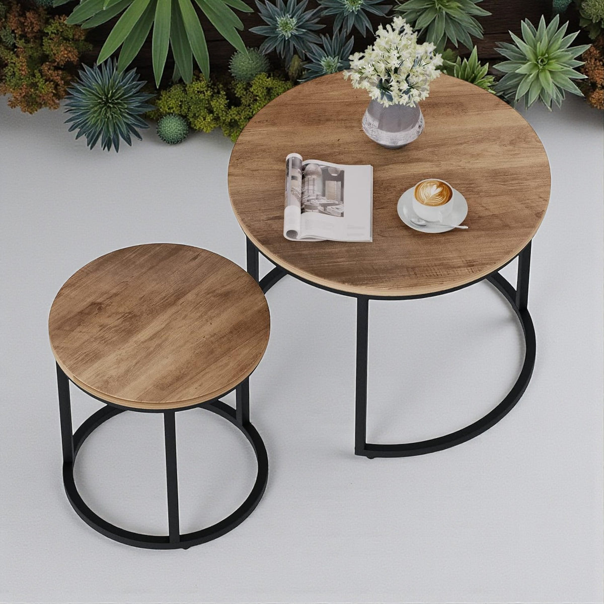 Space-Saving Round Nesting Coffee Table Set – 2 Wooden Industrial End Tables.